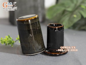 Lọ tăm thấp men hỏa biến gấm quẹt màu mật ong