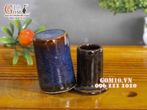 Lọ tăm thấp men hỏa biến xanh đá