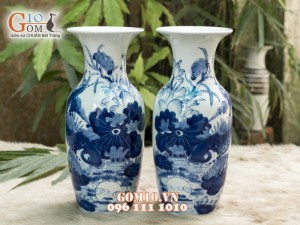 Lọ tiểu lộc bình men rong cổ vẽ Lý Ngư Vọng Nguyệt 28cm