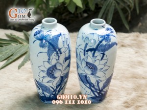 Đôi lọ tu hú men lam cổ vẽ Hoa Sen, cao 24cm