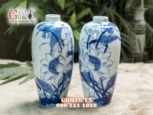 Đôi lọ tu hú men lam cổ vẽ Hoa Sen, cao 24cm