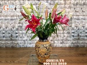 Lọa hoa men cổ khắc nổi hoa phù dung 36cm