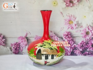 Lọ hoa sơn mài đỏ dáng tỏi dẹt vẽ làng quê 36cm