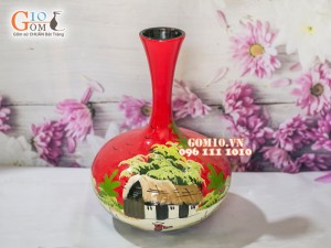 Lọa hoa sơn mài đỏ dáng tỏi dẹt vẽ làng quê 44cm