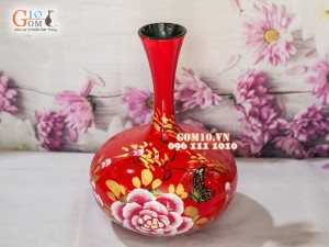 Lọ hoa sơn mài đỏ dáng tỏi dẹt vẽ Phù dung 36cm