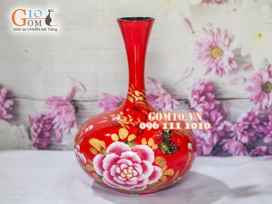 Lọ hoa sơn mài đỏ dáng tỏi dẹt vẽ Phù dung 44cm Lọ hoa sơn mài đỏ dáng tỏi dẹt vẽ Phù dung 44cm