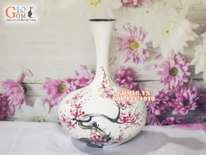Lọa hoa sơn mài trắng dáng tỏi dẹt vẽ hoa đào 44cm