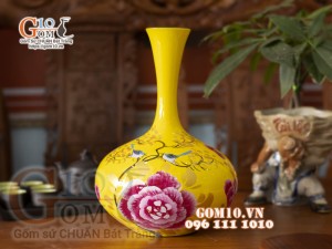 Lọa hoa sơn mài vàng dáng tỏi dẹt họa tiết hoa phù dung 44cm