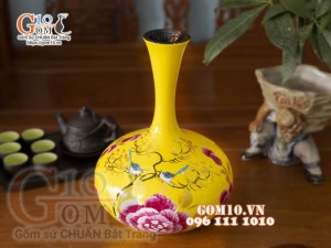 Lọa hoa sơn mài vàng dáng tỏi dẹt họa tiết hoa phù dung 44cm