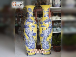 Lộc bình nền vàng vẽ Bách Hạc Quần Tùng cao cấp, 1m55 (cả chân kê)
