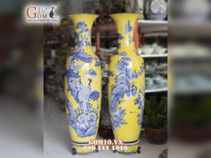 Lộc bình nền vàng vẽ Bách Hạc Quần Tùng cao cấp, 1m55 (cả chân kê)