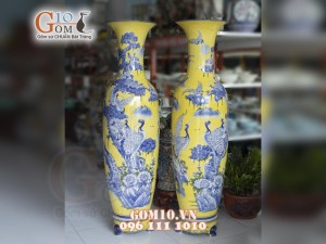 Lộc bình nền vàng vẽ Bách Hạc Quần Tùng cao cấp, 1m55 (cả chân kê)
