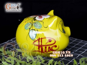 Heo sứ tiết kiệm dáng béo vẽ hoa nền vàng,  23x19 H18cm