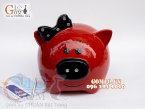 Heo sứ tiết kiệm đeo nơ màu đỏ, cao 23cm