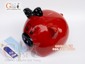 Heo sứ tiết kiệm đeo nơ màu đỏ, cao 23cm