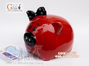 Heo sứ tiết kiệm đeo nơ màu đỏ, cao 16cm