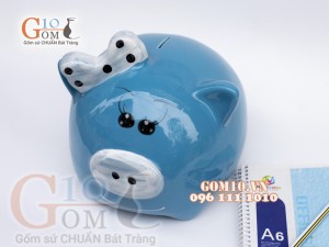 Heo sứ tiết kiệm đeo nơ màu xanh, cao 23cm