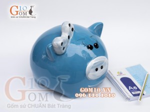 Heo sứ tiết kiệm đeo nơ màu xanh, cao 23cm