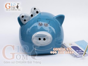 Heo sứ tiết kiệm đeo nơ màu xanh, cao 23cm