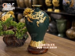 Mai bình  đắp nổi dát vàng Thuận buồm xuôi gió, nền xanh, cao 50cm