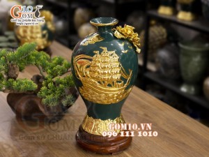 Mai bình  đắp nổi dát vàng Thuận buồm xuôi gió, nền xanh, cao 50cm