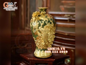 Mai bình Công Đào đắp nổi Dát vàng, nền xanh - cao 55cm