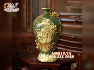 Mai bình Công Đào đắp nổi Dát vàng, nền xanh - cao 55cm