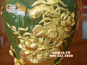 Mai bình Công Đào đắp nổi Dát vàng, nền xanh - cao 55cm