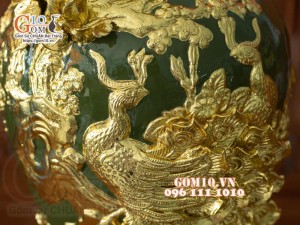 Mai bình Công Đào đắp nổi Dát vàng, nền xanh - cao 55cm
