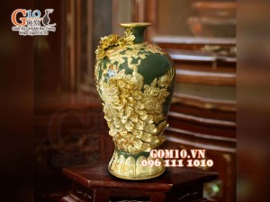 Mai bình Công Đào đắp nổi Dát vàng, nền xanh - cao 55cm