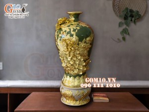 Mai bình Công Đào đắp nổi Dát vàng, nền xanh - cao 67cm (Cả chân kê)