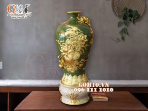 Mai bình Công Đào đắp nổi Dát vàng, nền xanh - cao 67cm (Cả chân kê)