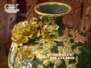 Mai bình Công Đào đắp nổi Dát vàng, nền xanh - cao 67cm (Cả chân kê)
