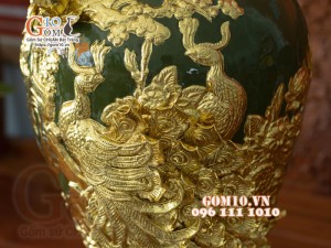 Mai bình Công Đào đắp nổi Dát vàng, nền xanh - cao 67cm (Cả chân kê)