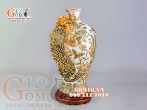 Mai bình Công Đào đắp nổi vẽ vàng 24k, nền trắng - cao 55cm
