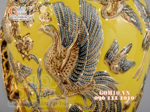 Mai bình Công Đào đắp nổi vẽ vàng 24k, nền vàng - cao 52cm