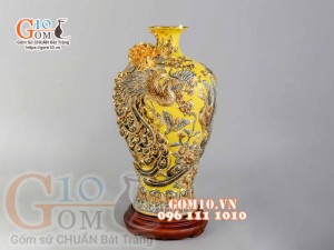 Mai bình Công Đào đắp nổi vẽ vàng 24k, nền vàng - cao 52cm