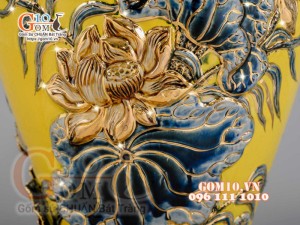 Mai bình Công Đào đắp nổi vẽ vàng 24k, nền vàng - cao 55cm