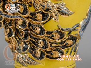 Mai bình Công Đào đắp nổi vẽ vàng 24k, nền vàng - cao 55cm