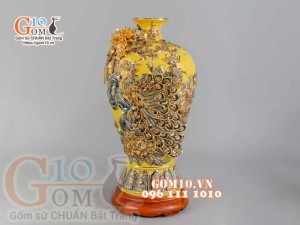 Mai bình Công Đào đắp nổi vẽ vàng 24k, nền vàng - cao 55cm