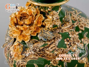Mai bình Công Đào đắp nổi vẽ vàng 24k, nền xanh - cao 55cm