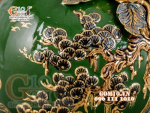 Mai bình Công Đào đắp nổi vẽ vàng 24k, nền xanh - cao 55cm