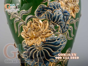 Mai bình Công Đào đắp nổi vẽ vàng 24k, nền xanh - cao 55cm