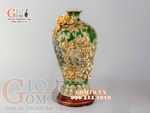 Mai bình Công Đào đắp nổi vẽ vàng 24k, nền xanh - cao 55cm