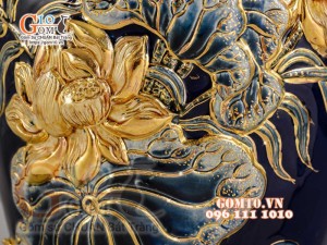 Mai bình Công Đào đắp nổi vẽ vàng 24k, nền xanh coban - cao 55cm