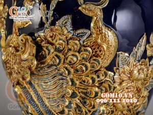 Mai bình Công Đào đắp nổi vẽ vàng 24k, nền xanh coban - cao 55cm