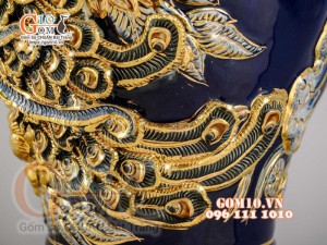 Mai bình Công Đào đắp nổi vẽ vàng 24k, nền xanh coban - cao 55cm