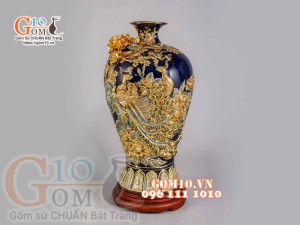 Mai bình Công Đào đắp nổi vẽ vàng 24k, nền xanh coban - cao 55cm