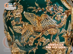 Mai bình Công Đào đắp nổi vẽ vàng 24k, nền xanh lục bảo - cao 52cm