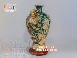 Mai bình Công Đào đắp nổi vẽ vàng 24k, nền xanh lục bảo - cao 52cm